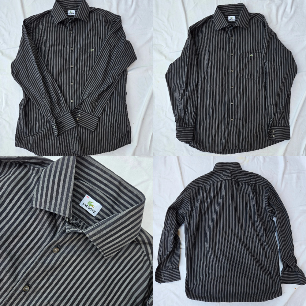 Lacoste Button-Down Dress Shirt Size 43 Black Striped Long Sleeve